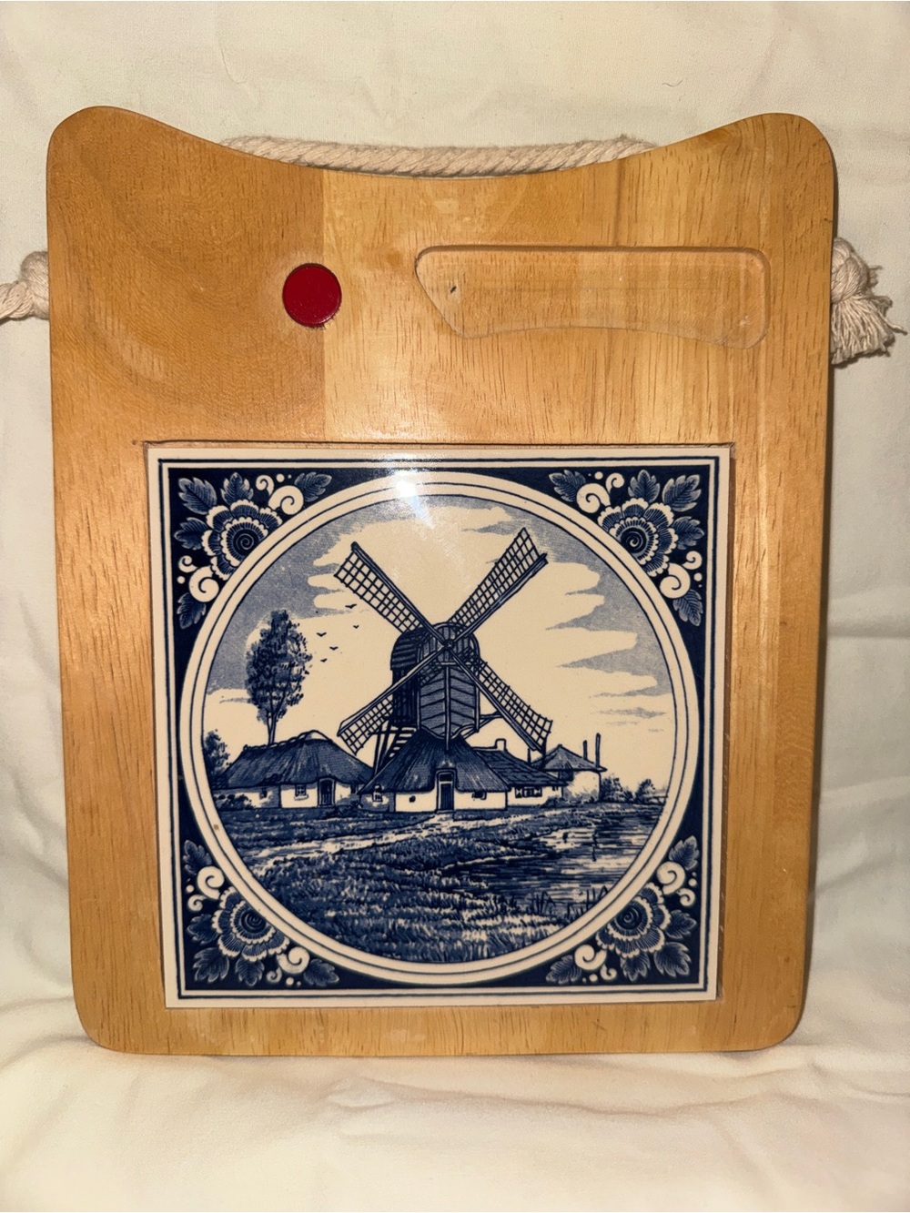 Vintage Delft Blue Windmill Tile & Wood Cheese Board with Magnetic Knife Dock